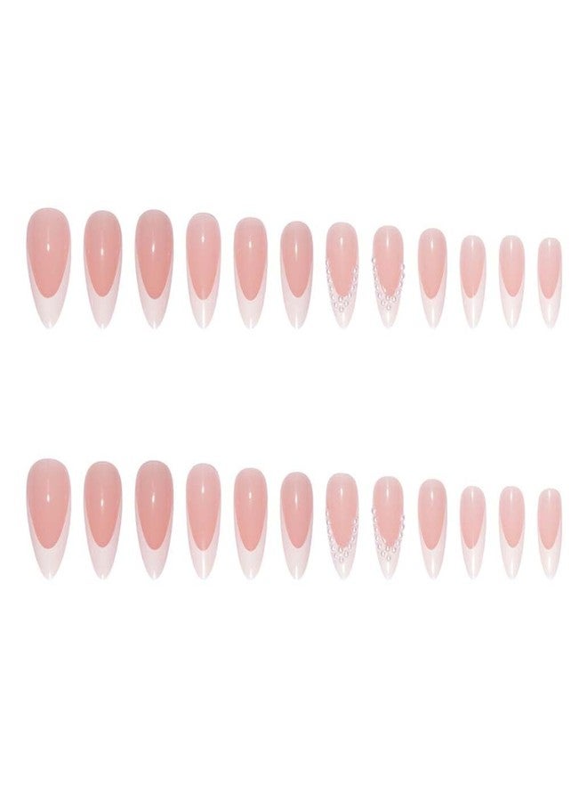 Foccna Press on Nails French Medium, Pearl White Fake Nails Almond Acrylic False Nails,Artificial Glue on Nails for Women 24pcs - Image 2